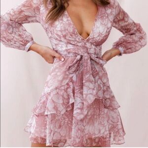 Elegant Pink Floral Wrap Dress